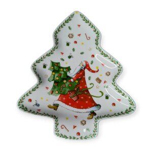 Paper Product Design Christmas Tree & Santa Claus Porcelain Snack Tray 9.5" x 8"
